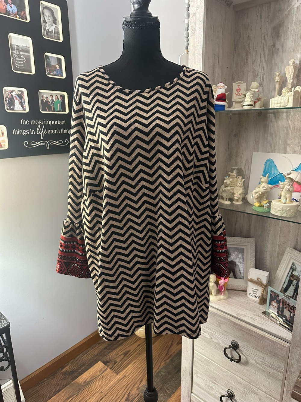Tacera Black & Cream Chevron Knit Dress with Embroidered Cuffs